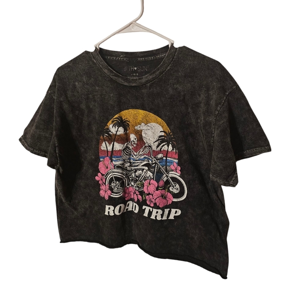 Fifth Sun Cropped T-Shirt-Womens-Large-Black Acid Wash
